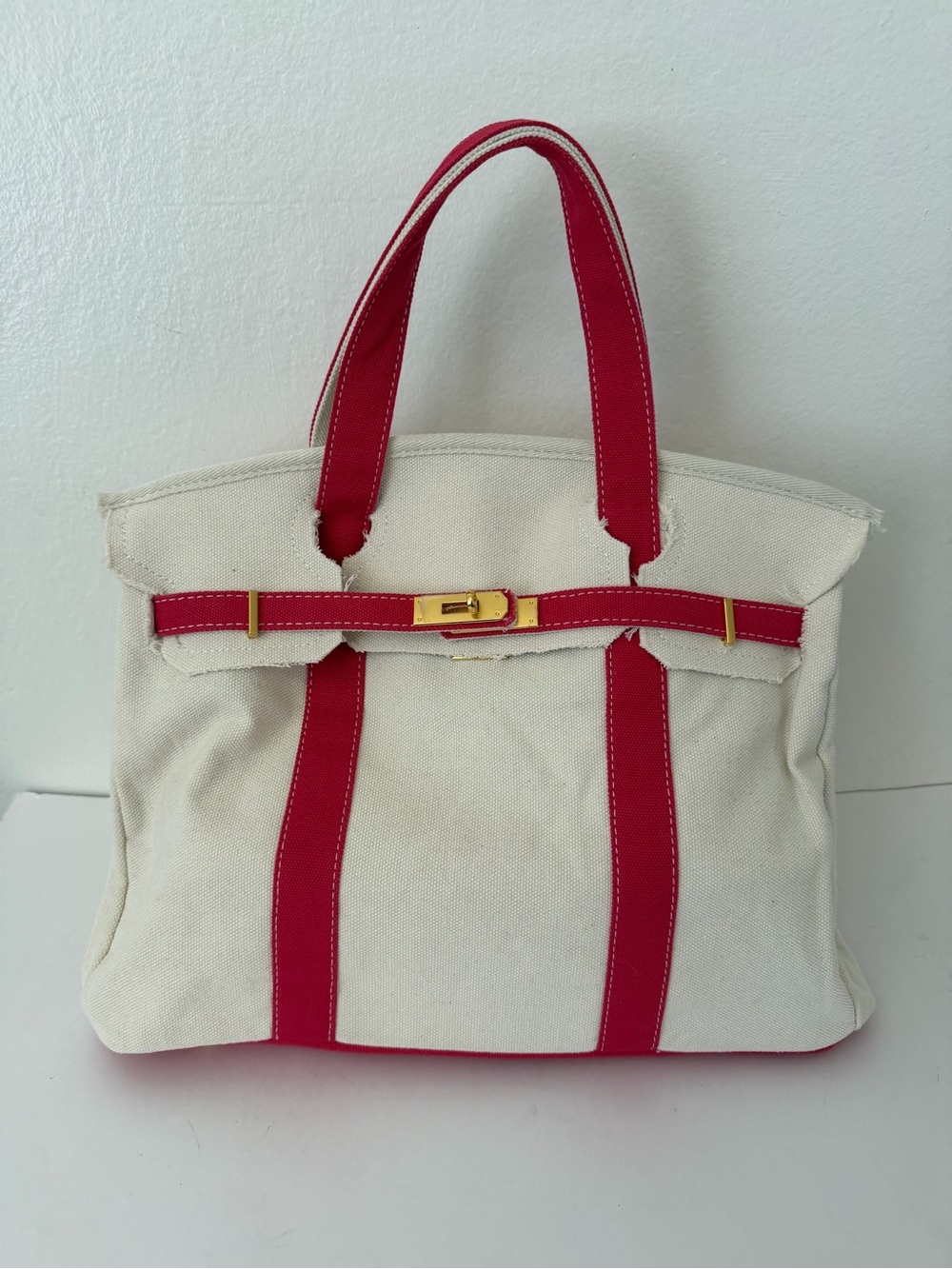 Canvas Tote Bag, Cream and Green, Gold-Tone Hardware,